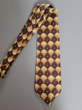 MW Collection Tie Geometric Design Gold Purple Green 100% Silk